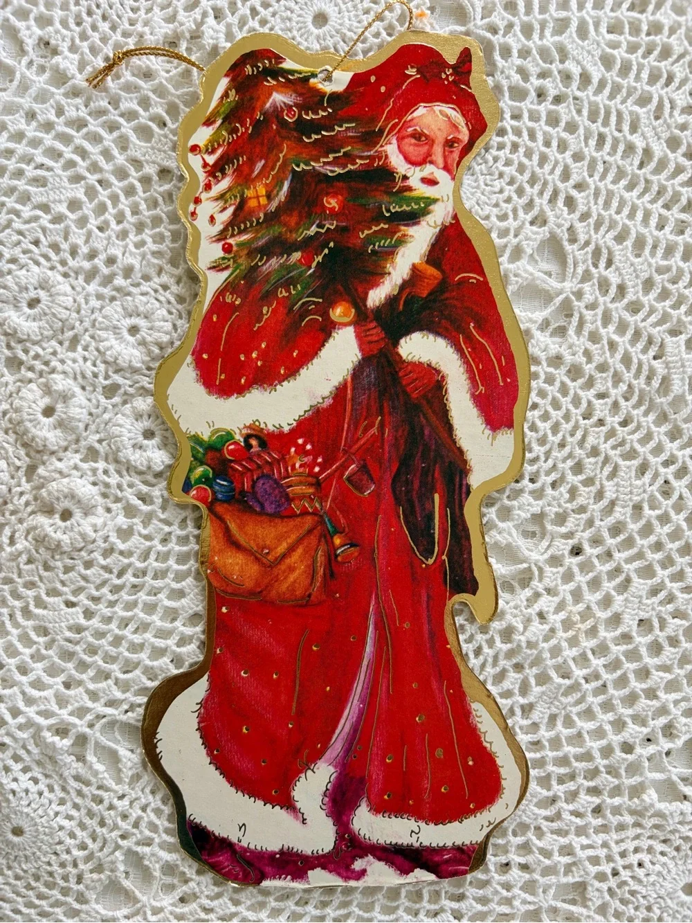 4 Vintage 1987 Die Cut Santa Claus Hanging Ornaments Father Christmas Victorian